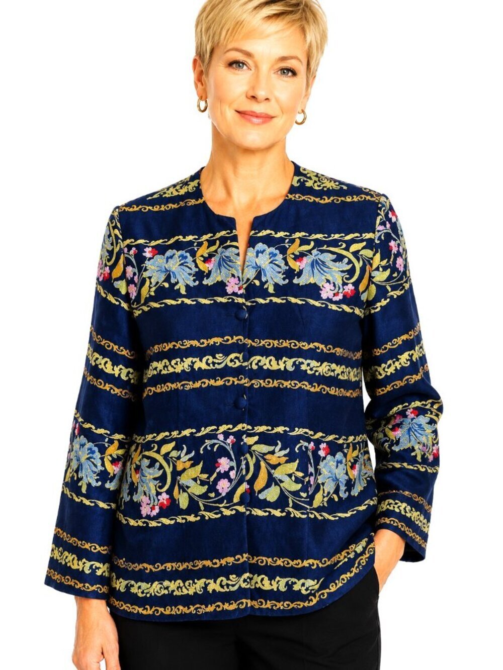 Adrianna Papell Navy Blue Floral Silk Jacket